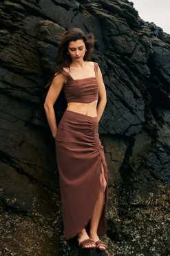 MICAS Skirts-Ruched Drawstring Split Skirt BROWN