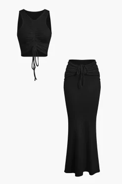 MICAS Skirt Sets|Vacation Sets-Ruched Drawstring Tank Top And Mermaid Maxi Skirt Set