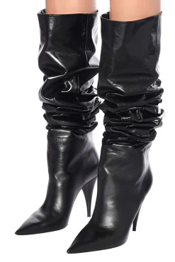 MICAS Boots|Shoes-Ruched Faux Leather Pointed Toe Knee High Boots