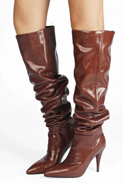 MICAS Boots|Shoes-Ruched Faux Leather Pointed Toe Knee High Boots