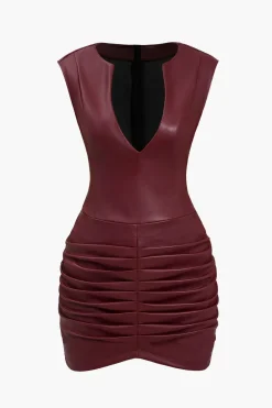 MICAS Mini Dresses-Ruched Faux Leather V-Neck Bodycon Mini Dress
