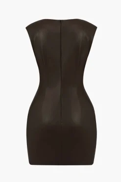 MICAS Mini Dresses-Ruched Faux Leather V-Neck Bodycon Mini Dress