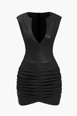 MICAS Mini Dresses-Ruched Faux Leather V-Neck Bodycon Mini Dress