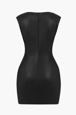 MICAS Mini Dresses-Ruched Faux Leather V-Neck Bodycon Mini Dress
