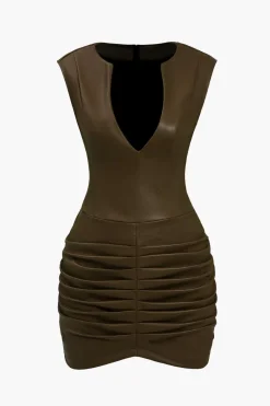 MICAS Mini Dresses-Ruched Faux Leather V-Neck Bodycon Mini Dress
