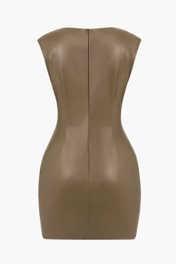 MICAS Mini Dresses-Ruched Faux Leather V-Neck Bodycon Mini Dress