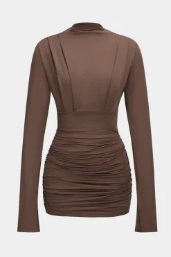 MICAS Long Sleeve Dresses|Mini Dresses-Ruched Long Sleeve Mini Dress BROWN