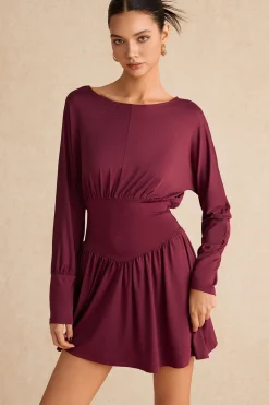 MICAS Mini Dresses|Long Sleeve Dresses-Ruched Long Sleeve Retro Mini Dress BURGUNDY