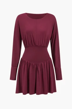 MICAS Mini Dresses|Long Sleeve Dresses-Ruched Long Sleeve Retro Mini Dress BURGUNDY