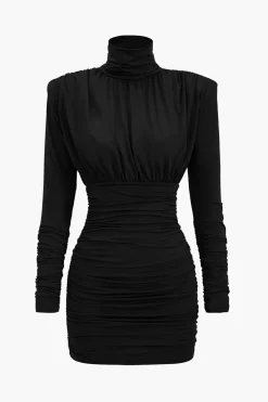 MICAS Long Sleeve Dresses|Mini Dresses-Ruched Long Sleeve Turtleneck Mini Dress