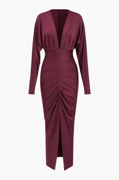 MICAS Long Sleeve Dresses|Maxi Dresses-Ruched Long Sleeve V-Neck Maxi Dress BURGUNDY