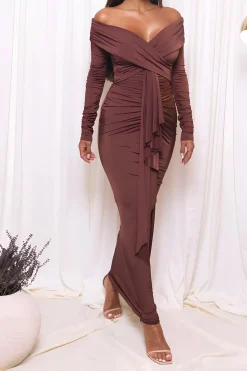 MICAS Long Sleeve Dresses|Maxi Dresses-Ruched Off Shoulder Drape Detail Maxi Dress