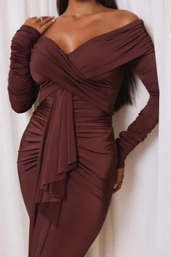 MICAS Long Sleeve Dresses|Maxi Dresses-Ruched Off Shoulder Drape Detail Maxi Dress