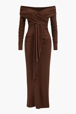 MICAS Long Sleeve Dresses|Maxi Dresses-Ruched Off Shoulder Drape Detail Maxi Dress