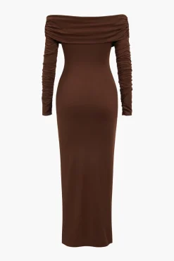 MICAS Long Sleeve Dresses|Maxi Dresses-Ruched Off Shoulder Drape Detail Maxi Dress