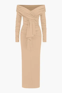 MICAS Long Sleeve Dresses|Maxi Dresses-Ruched Off Shoulder Drape Detail Maxi Dress