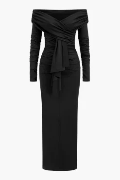 MICAS Long Sleeve Dresses|Maxi Dresses-Ruched Off Shoulder Drape Detail Maxi Dress