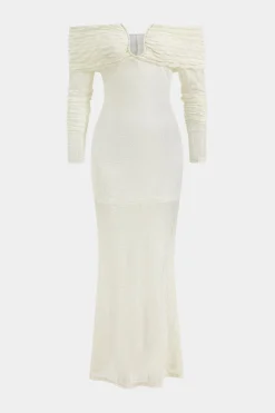 MICAS Long Sleeve Dresses|Maxi Dresses-Ruched Off Shoulder Long Sleeve Maxi Dress BEIGE