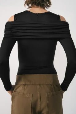 MICAS Bodysuits-Ruched Off Shoulder Long Sleeve Bodysuit BLACK