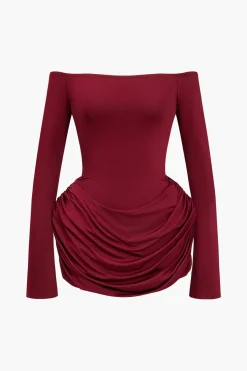 MICAS Long Sleeve Dresses|Mini Dresses-Ruched Off Shoulder Mini Dress