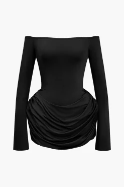 MICAS Long Sleeve Dresses|Mini Dresses-Ruched Off Shoulder Mini Dress