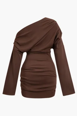MICAS Long Sleeve Dresses|Mini Dresses-Ruched One Shoulder Long Sleeve Mini Dress BROWN