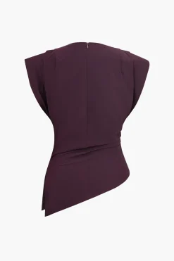 MICAS T-Shirts-Ruched Padded Shoulders Asymmetrical Short Sleeve T-Shirt BURGUNDY