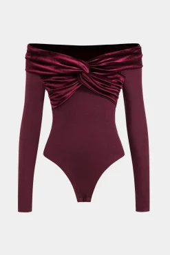 MICAS Bodysuits-Ruched Patchwork Off Shoulder Long Sleeve Bodysuit BURGUNDY