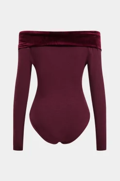 MICAS Bodysuits-Ruched Patchwork Off Shoulder Long Sleeve Bodysuit BURGUNDY
