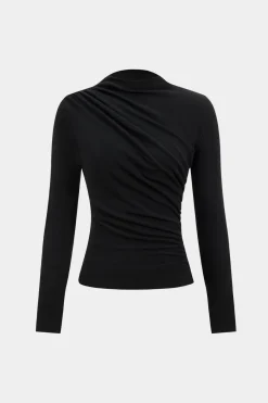 MICAS T-Shirts-Ruched Pleated Design Long Sleeve T-Shirt BLACK
