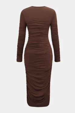 MICAS Long Sleeve Dresses|Midi Dresses-Ruched Round Neck Long-Sleeve Midi Dress BROWN