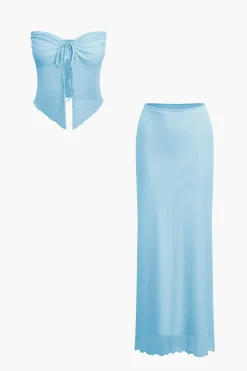 MICAS Skirt Sets|Vacation Sets-Ruched Sleeveless Double-Layered Mesh Split Strapless Top And Maxi Skirt Set