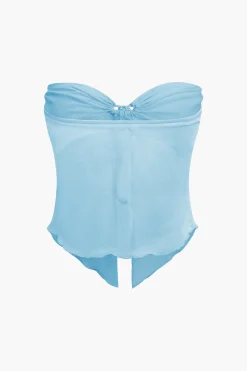 MICAS Skirt Sets|Vacation Sets-Ruched Sleeveless Double-Layered Mesh Split Strapless Top And Maxi Skirt Set