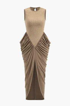 MICAS Maxi Dresses-Ruched Sleeveless Round Neck Slit Maxi Dress