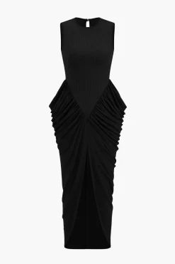 MICAS Maxi Dresses-Ruched Sleeveless Round Neck Slit Maxi Dress