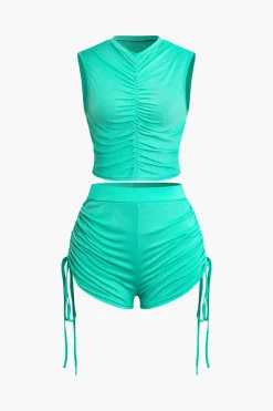 MICAS Short Sets-Ruched Sleeveless Top and Drawstring Shorts Set