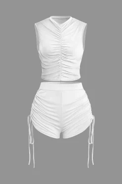 MICAS Short Sets-Ruched Sleeveless Top and Drawstring Shorts Set