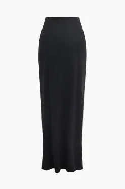 MICAS Skirts-Ruched Slit Midi Skirt BLACK