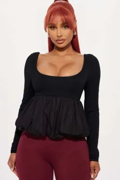 MICAS Long Sleeve Tops|Long Sleeves Tops-Ruched Square Neck Long-Sleeve Top BLACK