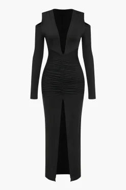 MICAS Long Sleeve Dresses|Maxi Dresses-Ruched V-Neck Long Sleeve Maxi Dress BLACK