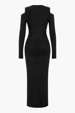 MICAS Long Sleeve Dresses|Maxi Dresses-Ruched V-Neck Long Sleeve Maxi Dress BLACK