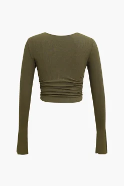 MICAS Long Sleeve Tops|Long Sleeves Tops-Ruched V-neck Slit Sleeve Top