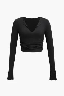 MICAS Long Sleeve Tops|Long Sleeves Tops-Ruched V-neck Slit Sleeve Top