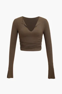 MICAS Long Sleeve Tops|Long Sleeves Tops-Ruched V-neck Slit Sleeve Top