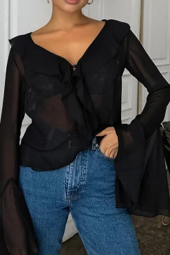 MICAS Long Sleeve Tops|Long Sleeves Tops-Ruffle Detail Sheer Mesh Long-Sleeve Shirt BLACK