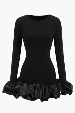 MICAS Long Sleeve Dresses|Mini Dresses-Ruffle Hem Lantern Sleeve Mini Dress BLACK