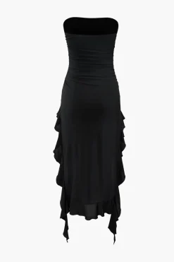 MICAS Midi Dresses-Ruffle Hem Slit Strapless Midi Dress BLACK
