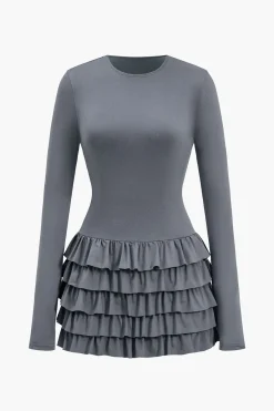 MICAS Mini Dresses|Long Sleeve Dresses-Ruffle Mini Dress DIM GRAY