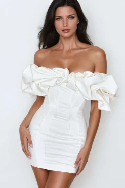 MICAS Mini Dresses-Ruffle Neckline Off The Shoulder Mini Dress IVORY