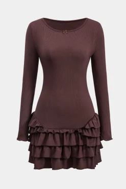 MICAS Mini Dresses|Long Sleeve Dresses-Ruffle Round Neck Long Sleeve Mini Dress MAROON
